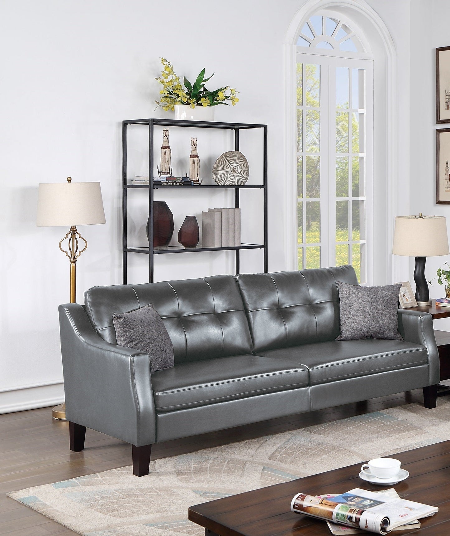 Contemporary Living Room Furniture 2 - Pcs Sofa Set Grey Gel Leatherette Couch Sofa And Loveseat Plush Cushion Tufted Plush Sofa Pillows - 1st Choice Furniture Direct