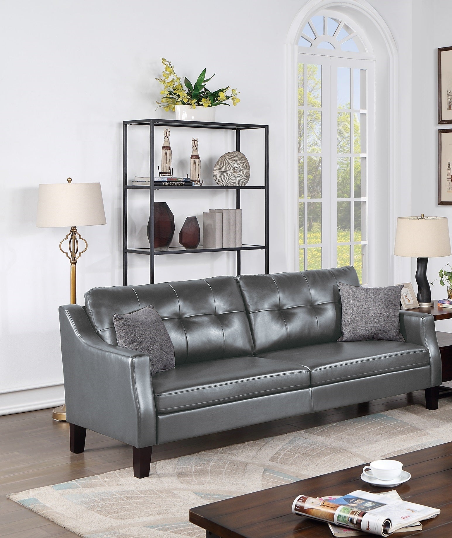 Contemporary Living Room Furniture 2 - Pcs Sofa Set Grey Gel Leatherette Couch Sofa And Loveseat Plush Cushion Tufted Plush Sofa Pillows - 1st Choice Furniture Direct