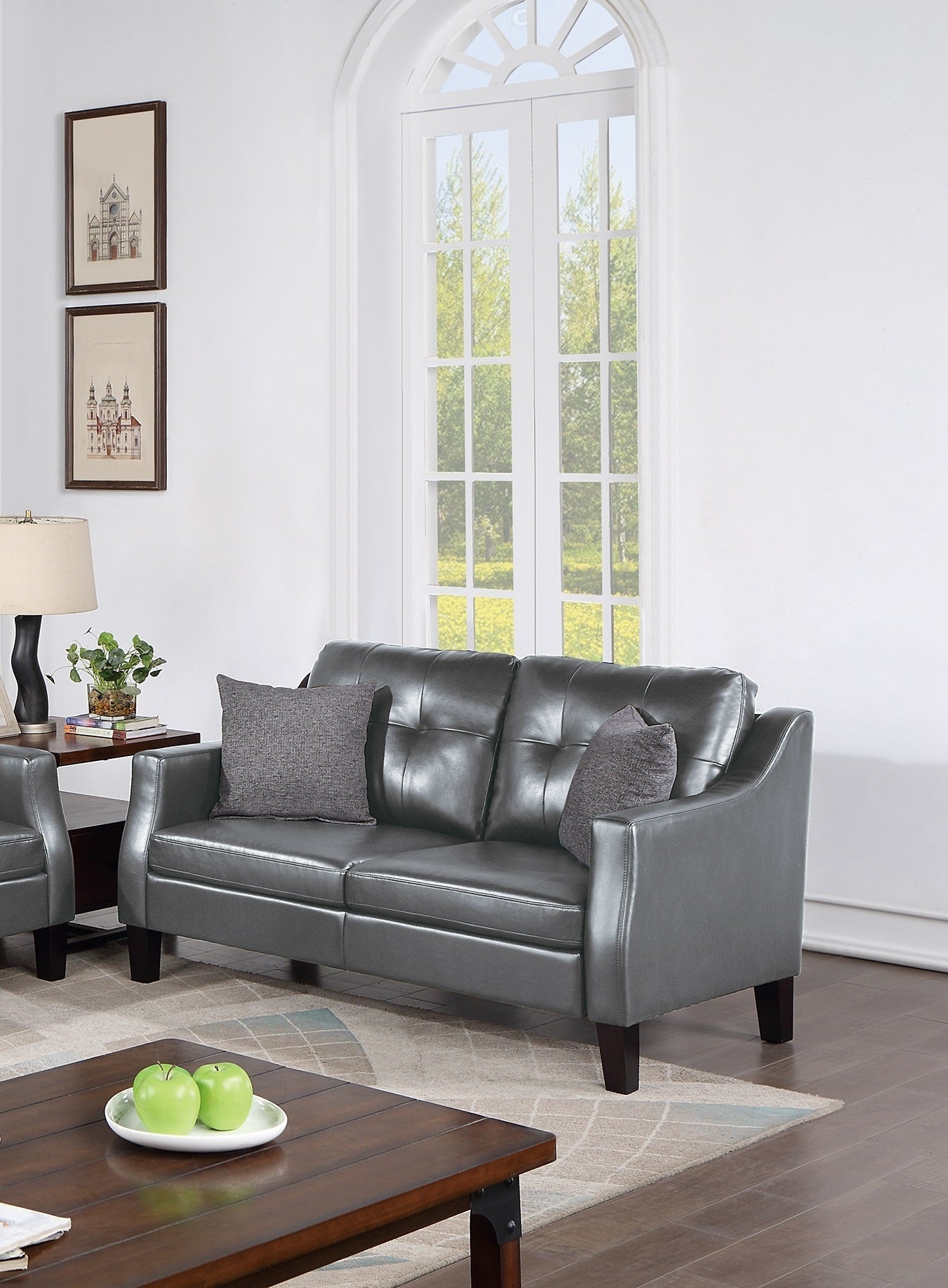 Contemporary Living Room Furniture 2 - Pcs Sofa Set Grey Gel Leatherette Couch Sofa And Loveseat Plush Cushion Tufted Plush Sofa Pillows - 1st Choice Furniture Direct