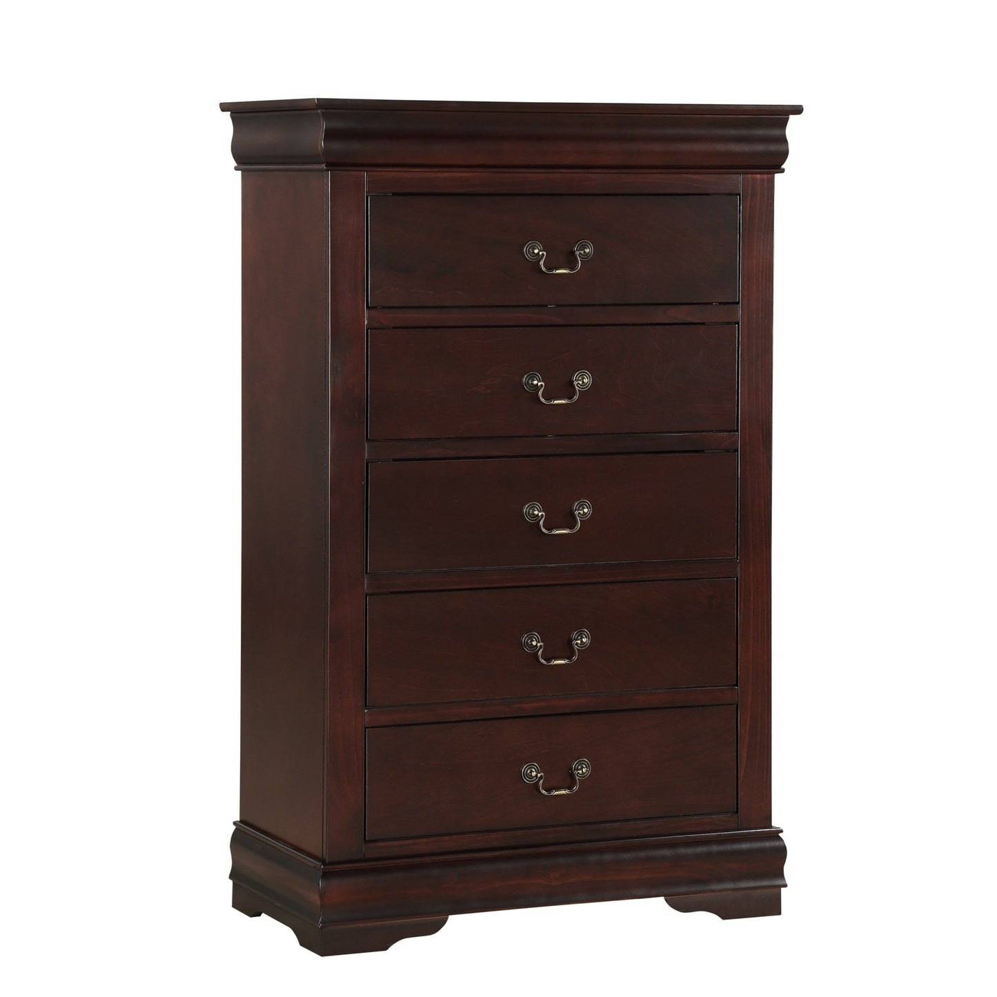 Contemporary Louis Philip Cherry Finish Chest with Five Drawers Solid Wood Ample Storage - 1st Choice Furniture Direct