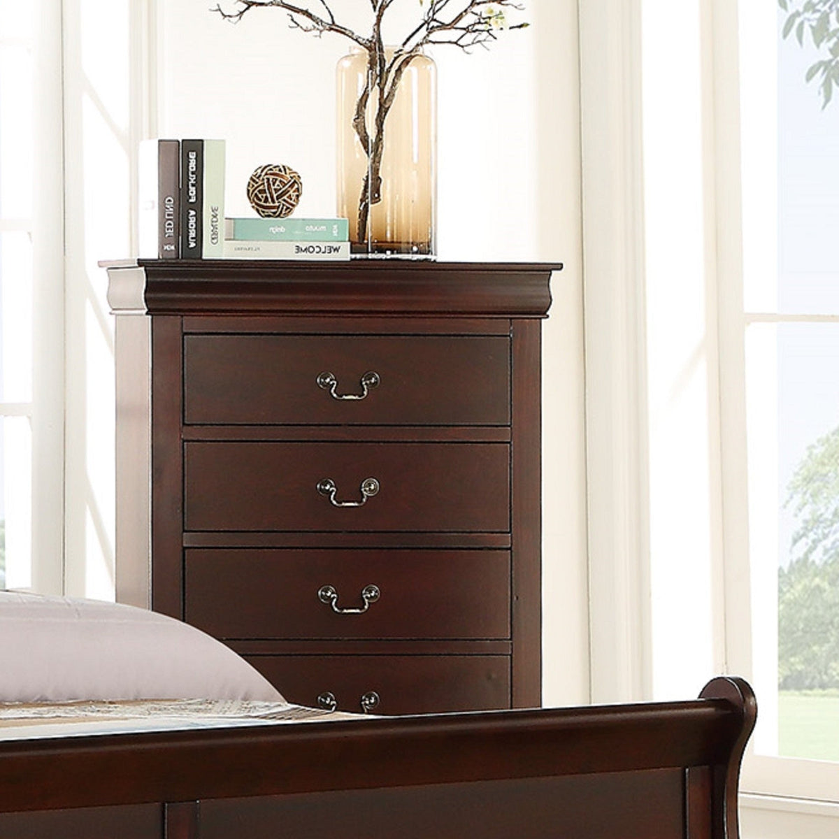 Contemporary Louis Philip Cherry Finish Chest with Five Drawers Solid Wood Ample Storage - 1st Choice Furniture Direct