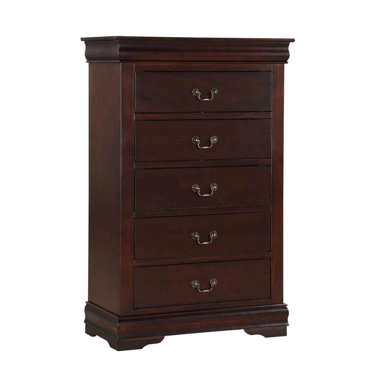 Contemporary Louis Philip Cherry Finish Chest with Five Drawers Solid Wood Ample Storage - 1st Choice Furniture Direct