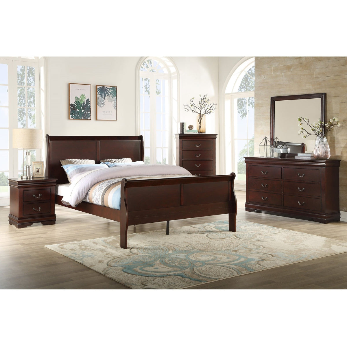 Contemporary Louis Philip Cherry Finish Chest with Five Drawers Solid Wood Ample Storage - 1st Choice Furniture Direct