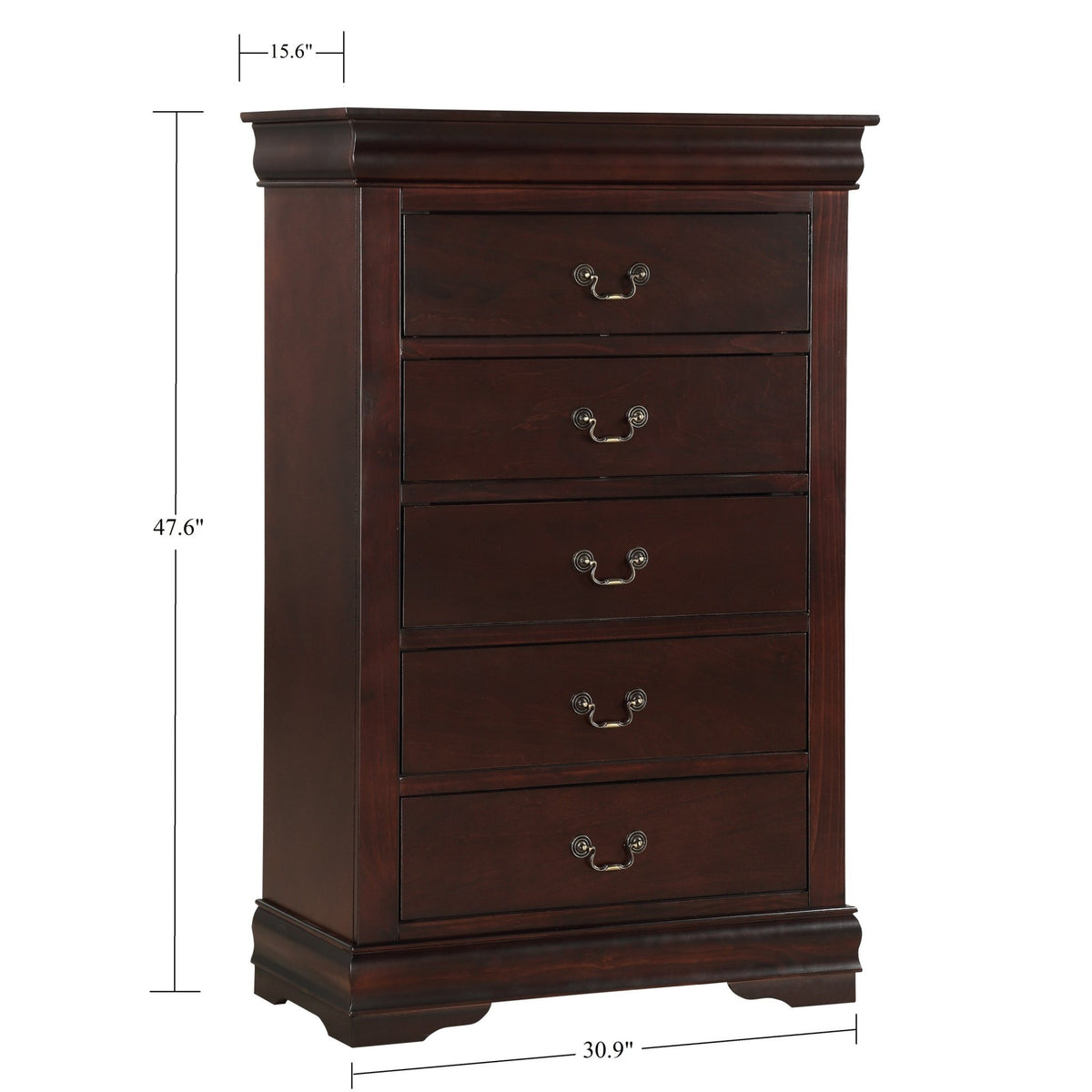 Contemporary Louis Philip Cherry Finish Chest with Five Drawers Solid Wood Ample Storage - 1st Choice Furniture Direct
