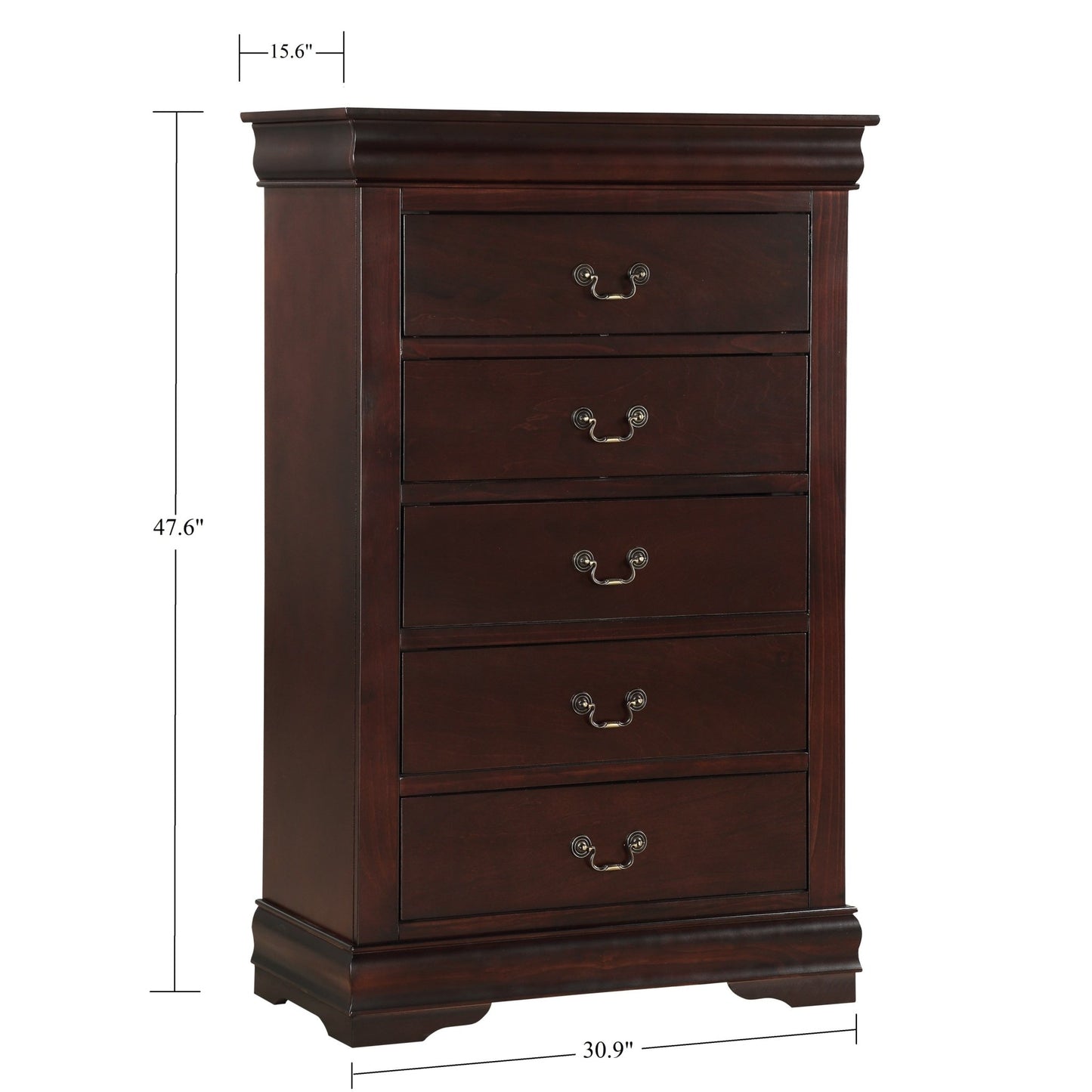 Contemporary Louis Philip Cherry Finish Chest with Five Drawers Solid Wood Ample Storage - 1st Choice Furniture Direct