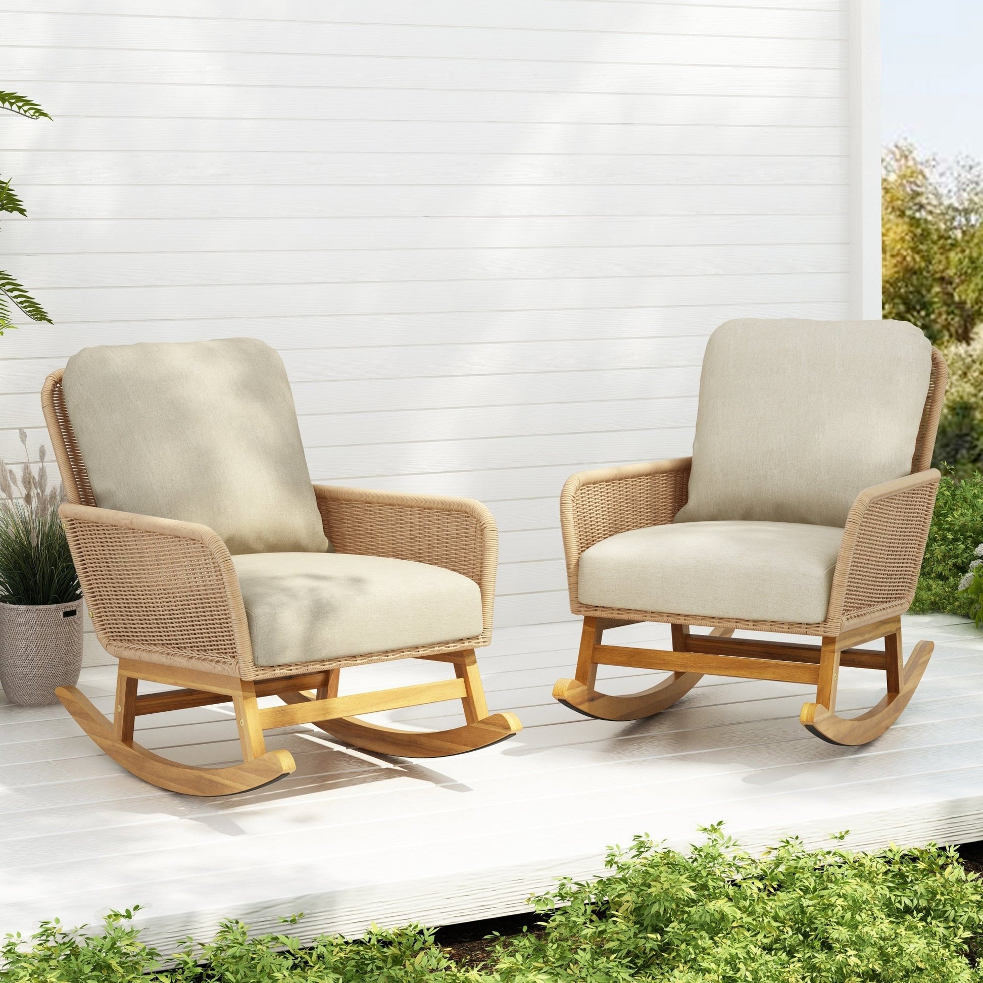 Contemporary Minimalist Beige Wicker Rocking Chair with Soft Polyester Cushions and Durable Wooden Frame - 1st Choice Furniture Direct