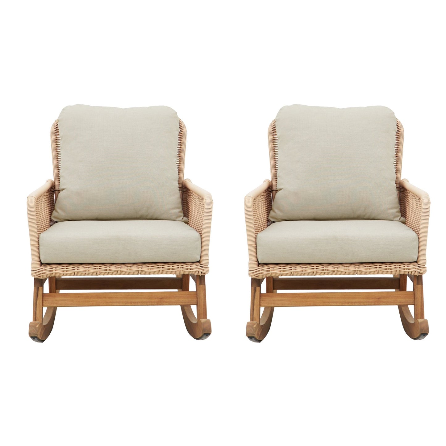 Contemporary Minimalist Beige Wicker Rocking Chair with Soft Polyester Cushions and Durable Wooden Frame - 1st Choice Furniture Direct