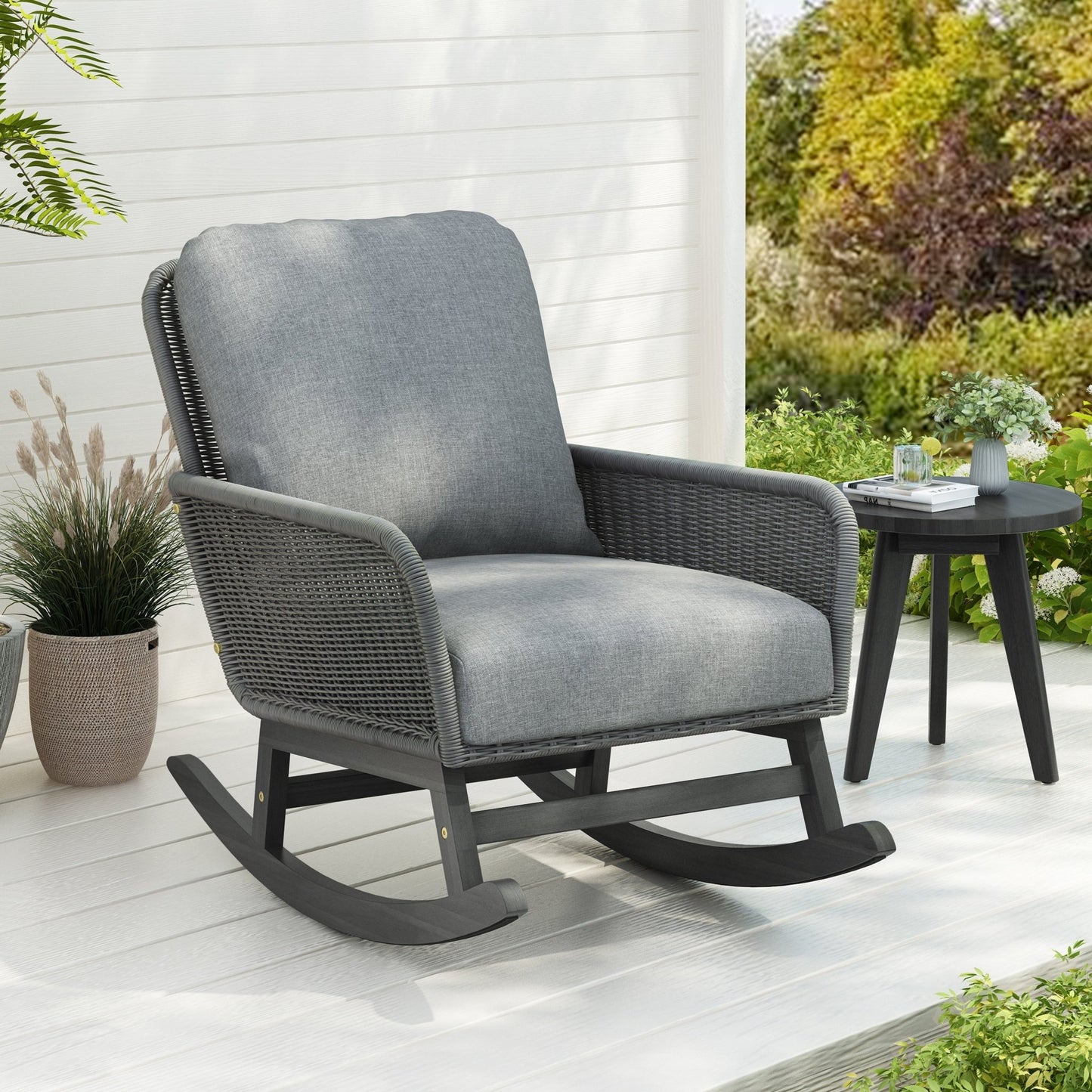 Contemporary Minimalist Gray Wicker Rocking Chair with Soft Polyester Cushions and Durable Wooden Frame - 1st Choice Furniture Direct