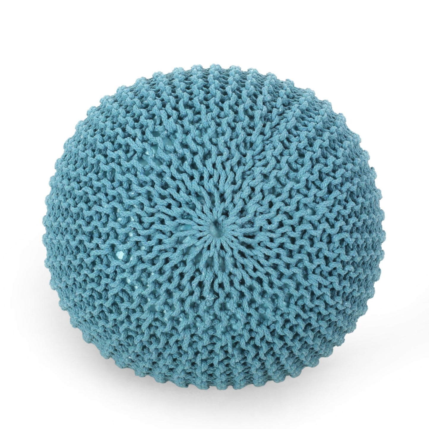 Contemporary MORO Pouf with Knit Weave Design in Aqua Cotton, 20x20x14 inches - 1st Choice Furniture Direct