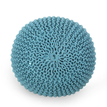 Contemporary MORO Pouf with Knit Weave Design in Aqua Cotton, 20x20x14 inches - 1st Choice Furniture Direct