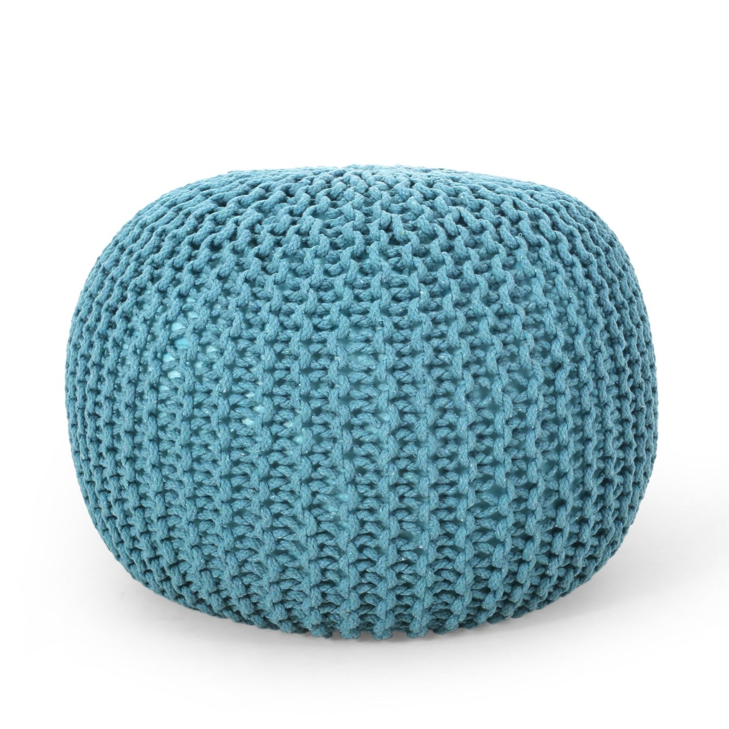 Contemporary MORO Pouf with Knit Weave Design in Aqua Cotton, 20x20x14 inches - 1st Choice Furniture Direct
