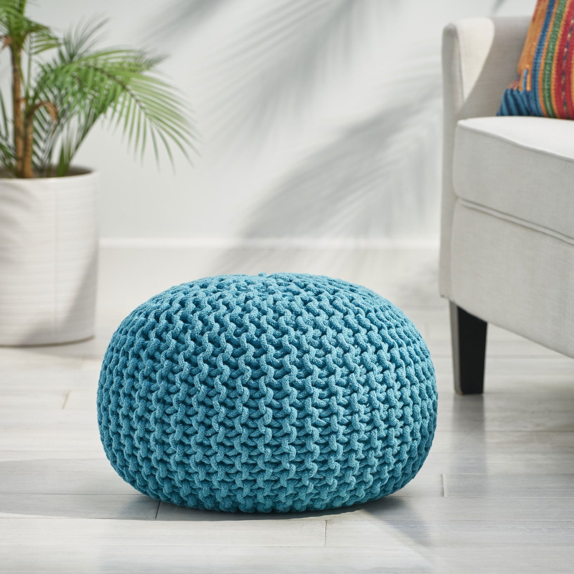 Contemporary MORO Pouf with Knit Weave Design in Aqua Cotton, 20x20x14 inches - 1st Choice Furniture Direct