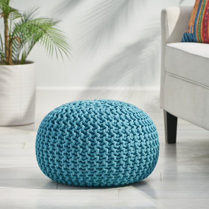 Contemporary MORO Pouf with Knit Weave Design in Aqua Cotton, 20x20x14 inches - 1st Choice Furniture Direct