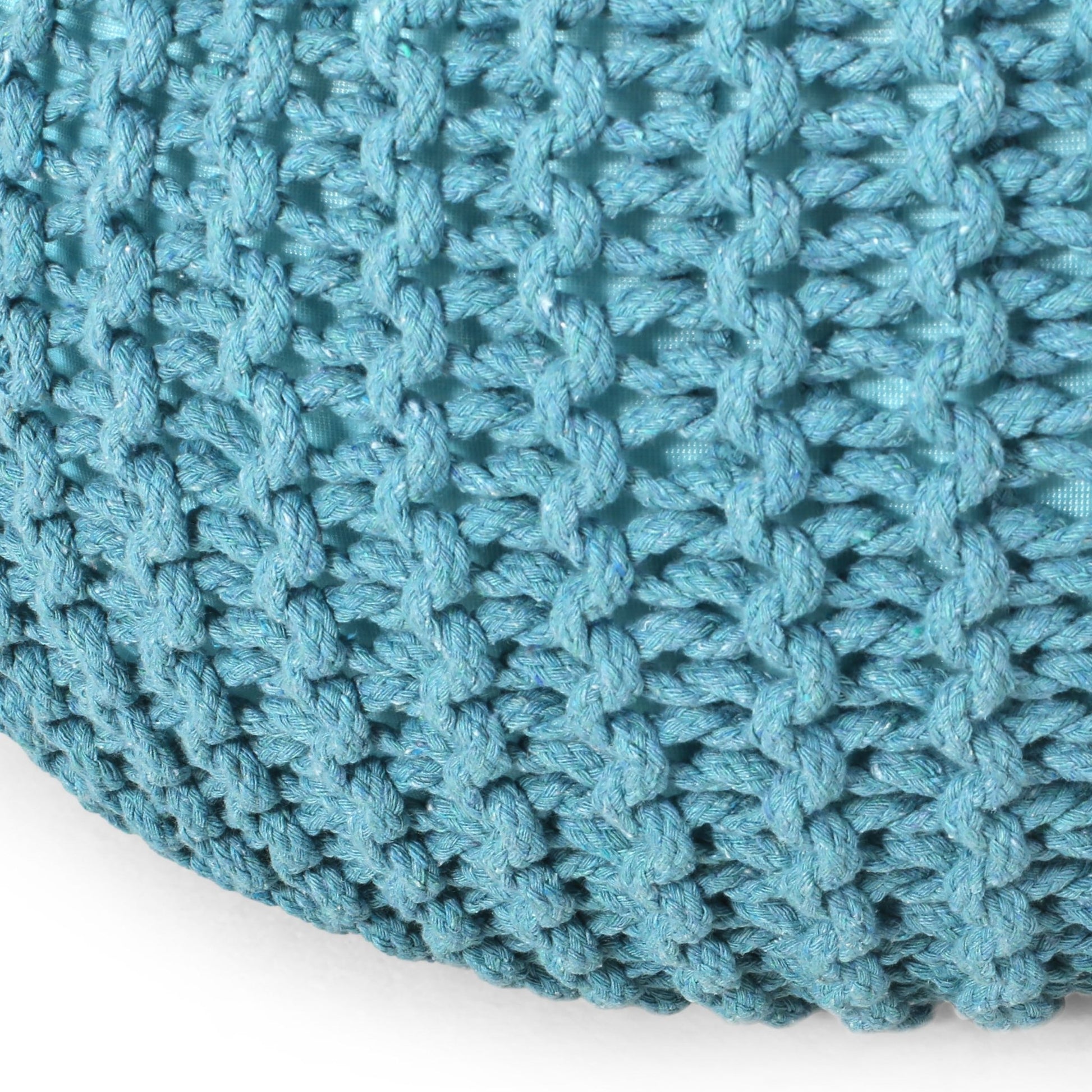 Contemporary MORO Pouf with Knit Weave Design in Aqua Cotton, 20x20x14 inches - 1st Choice Furniture Direct