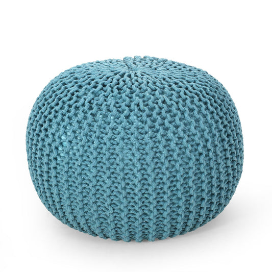 Contemporary MORO Pouf with Knit Weave Design in Aqua Cotton, 20x20x14 inches - 1st Choice Furniture Direct