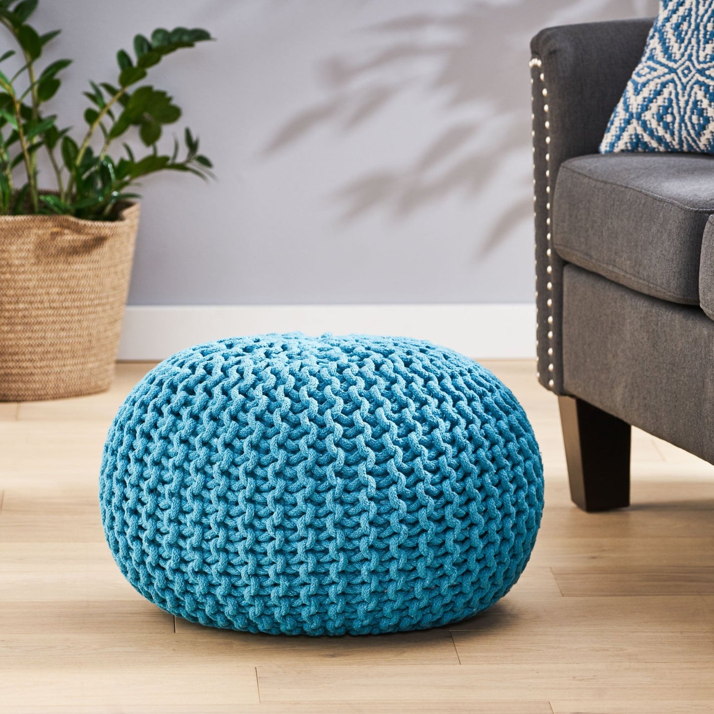 Contemporary MORO Pouf with Knit Weave Design in Aqua Cotton, 20x20x14 inches - 1st Choice Furniture Direct