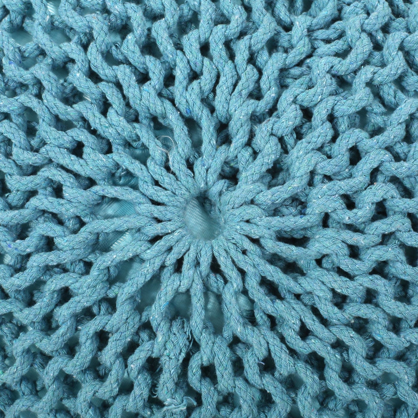 Contemporary MORO Pouf with Knit Weave Design in Aqua Cotton, 20x20x14 inches - 1st Choice Furniture Direct