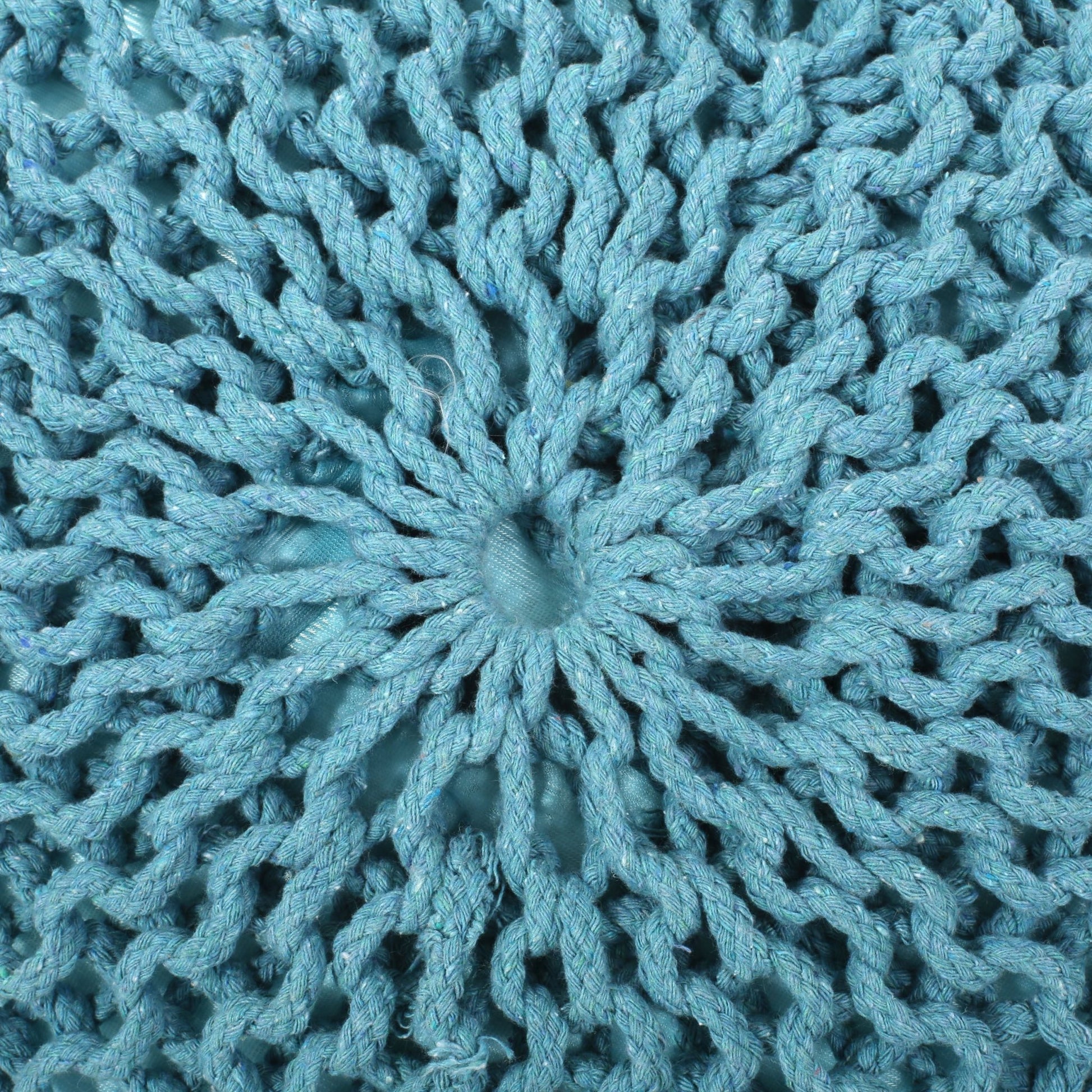 Contemporary MORO Pouf with Knit Weave Design in Aqua Cotton, 20x20x14 inches - 1st Choice Furniture Direct