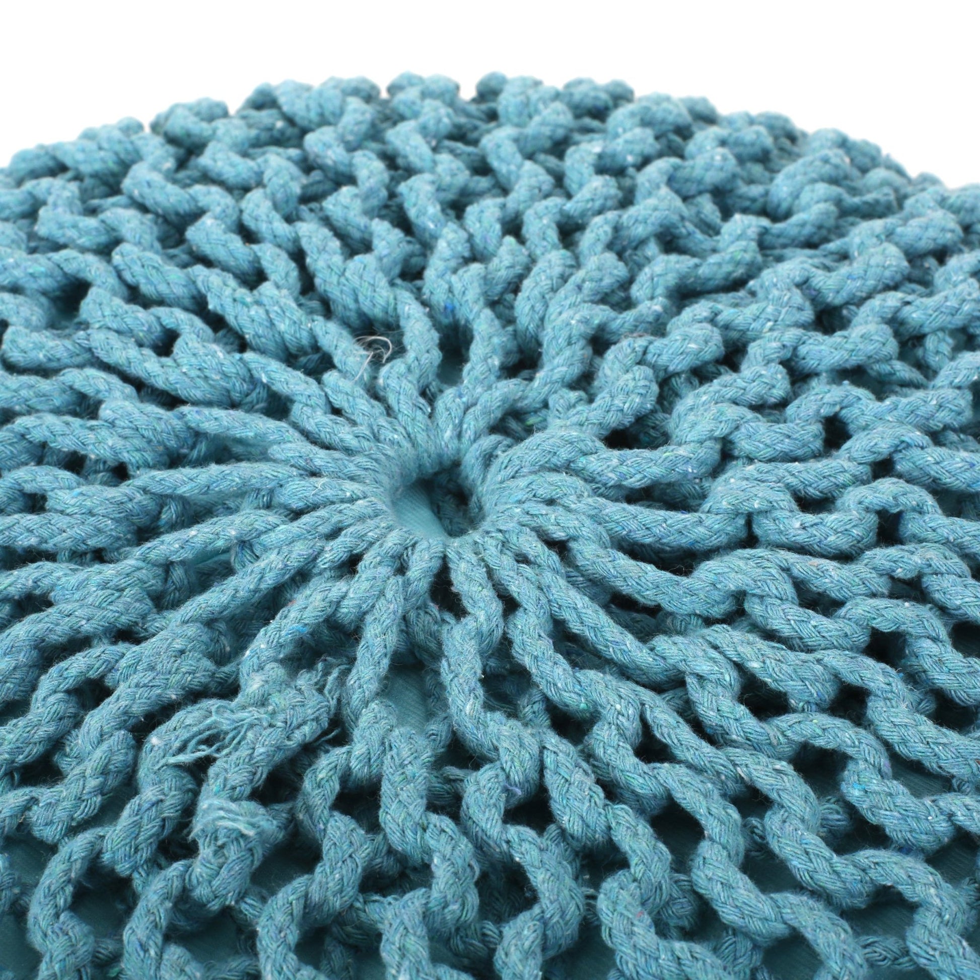 Contemporary MORO Pouf with Knit Weave Design in Aqua Cotton, 20x20x14 inches - 1st Choice Furniture Direct