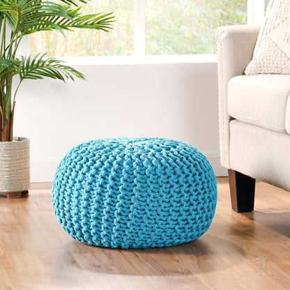Contemporary MORO Pouf with Knit Weave Design in Aqua Cotton, 20x20x14 inches - 1st Choice Furniture Direct