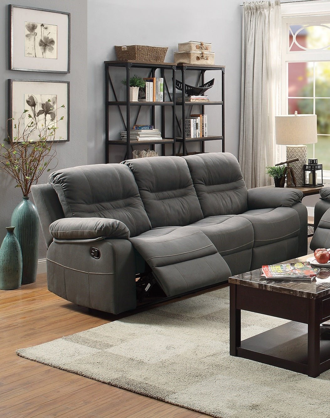 Contemporary Motion Sofa 1pc Couch Metal Reclining Plush Cushion Living Room Furniture Slate Blue Breathable Leatherette Recliners - 1st Choice Furniture Direct