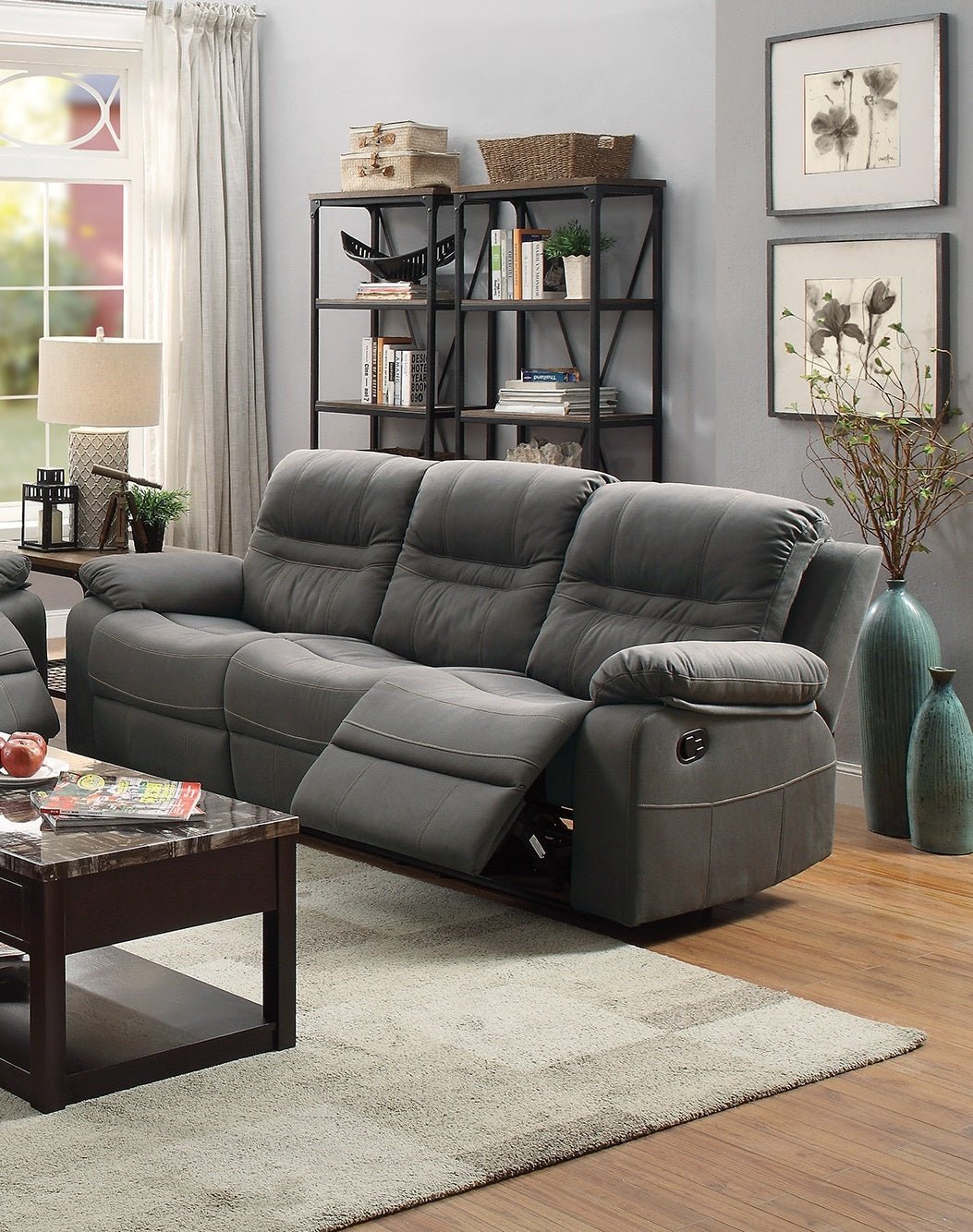 Contemporary Motion Sofa 1pc Couch Metal Reclining Plush Cushion Living Room Furniture Slate Blue Breathable Leatherette Recliners - 1st Choice Furniture Direct