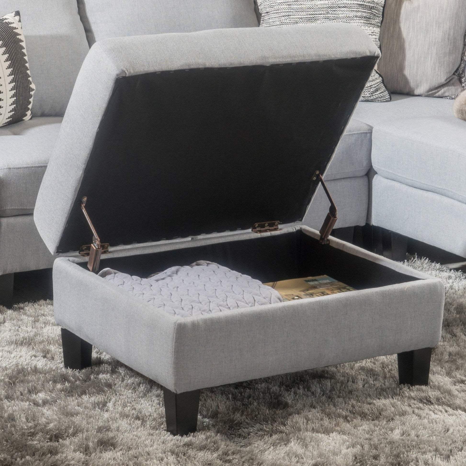 Contemporary Storage Ottoman with Tufted Waffle Stitching, Light Grey Fabric, 28 x 23 x 18.75 Inches - 1st Choice Furniture Direct