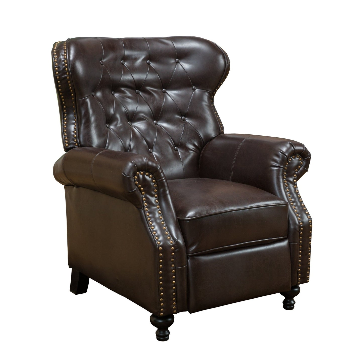 Contemporary Style Push Back Recliner with Button - Tufted Stitching and Nailhead Trim in Dark Brown PU - 1st Choice Furniture Direct
