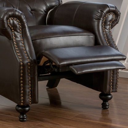 Contemporary Style Push Back Recliner with Button - Tufted Stitching and Nailhead Trim in Dark Brown PU - 1st Choice Furniture Direct