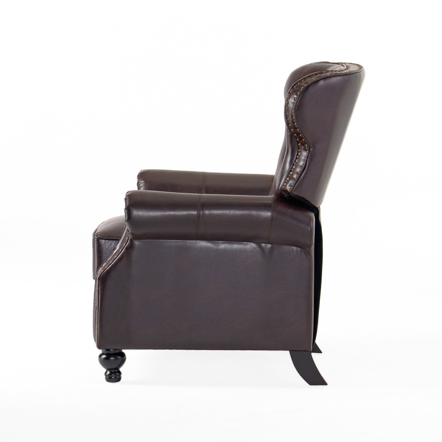 Contemporary Style Push Back Recliner with Button - Tufted Stitching and Nailhead Trim in Dark Brown PU - 1st Choice Furniture Direct