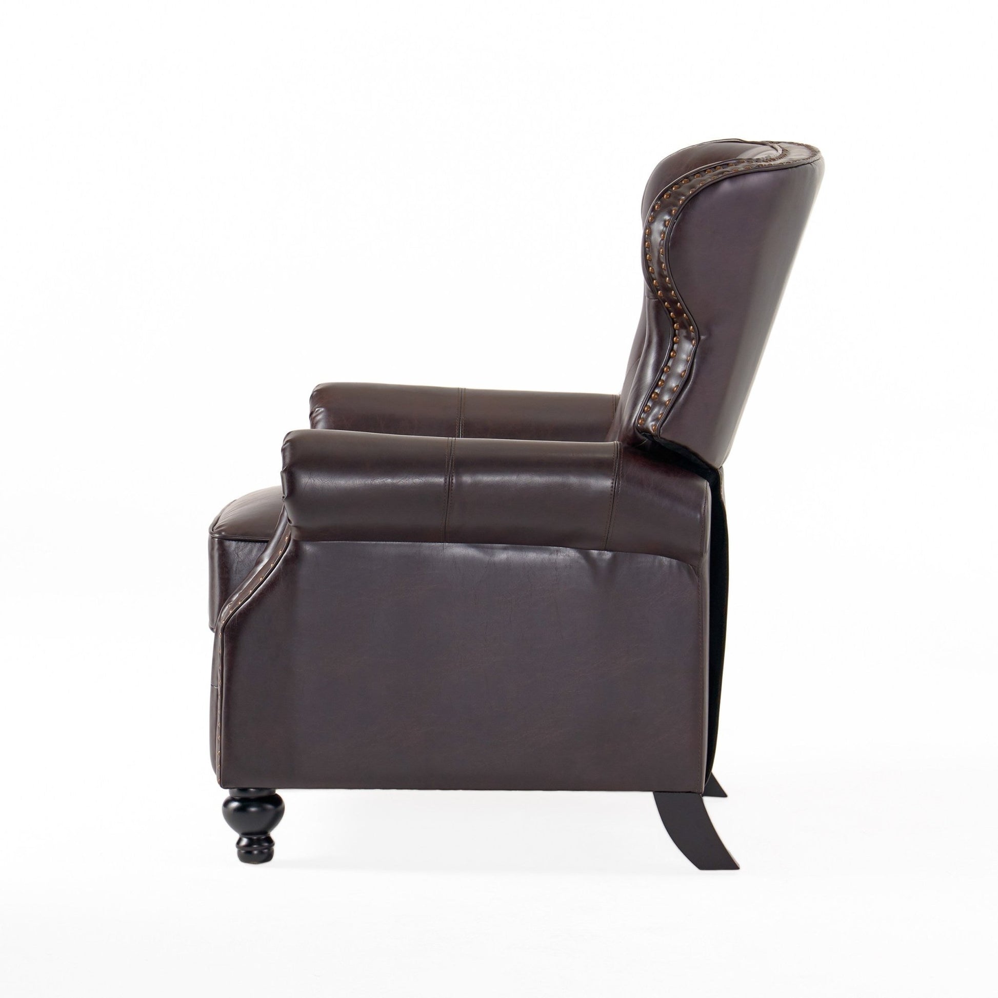 Contemporary Style Push Back Recliner with Button - Tufted Stitching and Nailhead Trim in Dark Brown PU - 1st Choice Furniture Direct