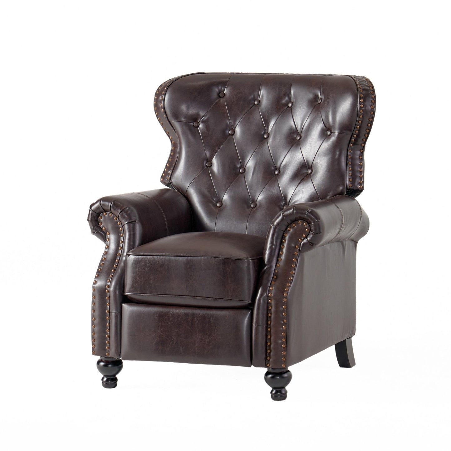 Contemporary Style Push Back Recliner with Button - Tufted Stitching and Nailhead Trim in Dark Brown PU - 1st Choice Furniture Direct