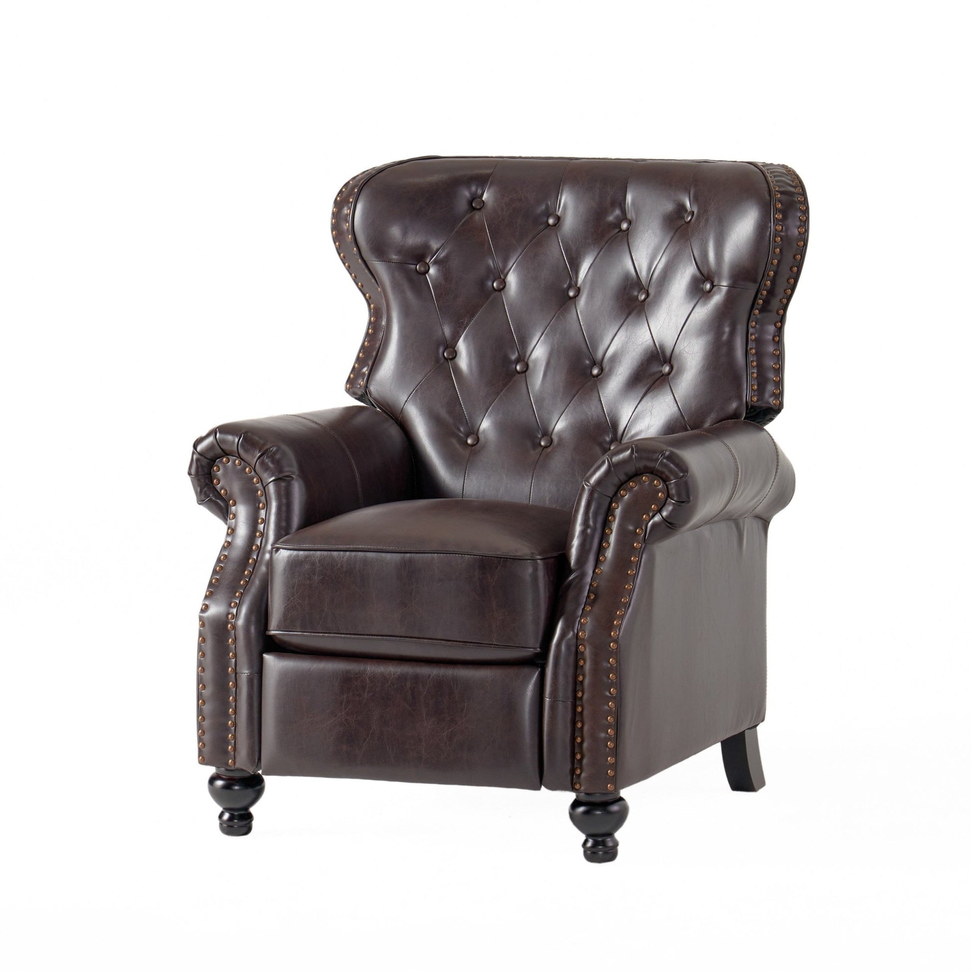 Contemporary Style Push Back Recliner with Button - Tufted Stitching and Nailhead Trim in Dark Brown PU - 1st Choice Furniture Direct