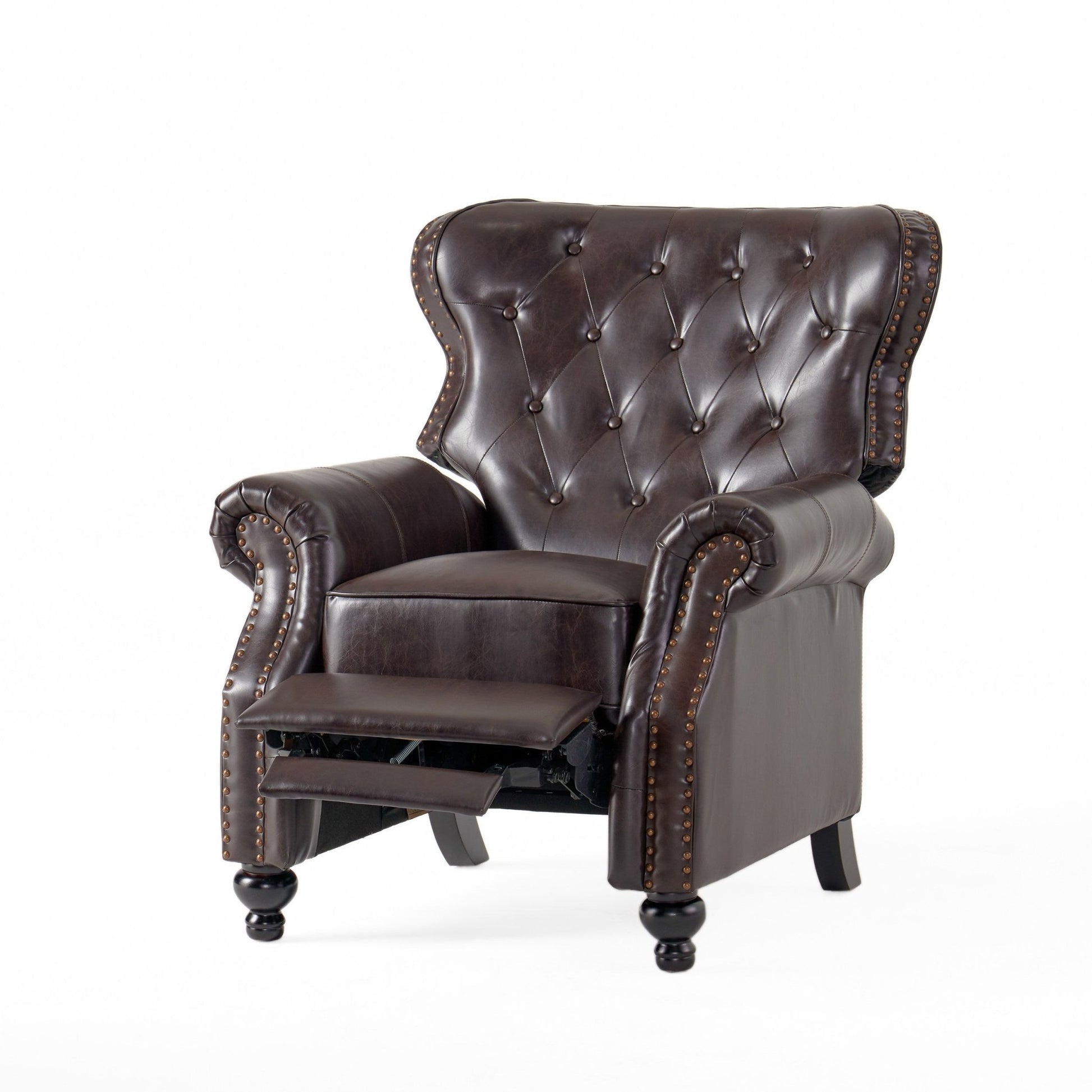 Contemporary Style Push Back Recliner with Button - Tufted Stitching and Nailhead Trim in Dark Brown PU - 1st Choice Furniture Direct