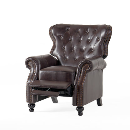 Contemporary Style Push Back Recliner with Button - Tufted Stitching and Nailhead Trim in Dark Brown PU - 1st Choice Furniture Direct