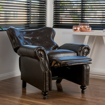 Contemporary Style Push Back Recliner with Button - Tufted Stitching and Nailhead Trim in Dark Brown PU - 1st Choice Furniture Direct