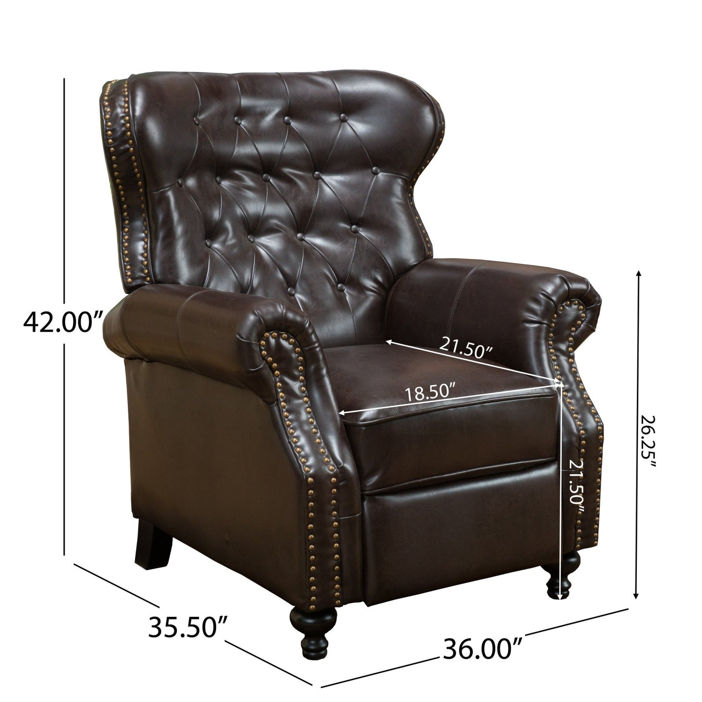 Contemporary Style Push Back Recliner with Button - Tufted Stitching and Nailhead Trim in Dark Brown PU - 1st Choice Furniture Direct