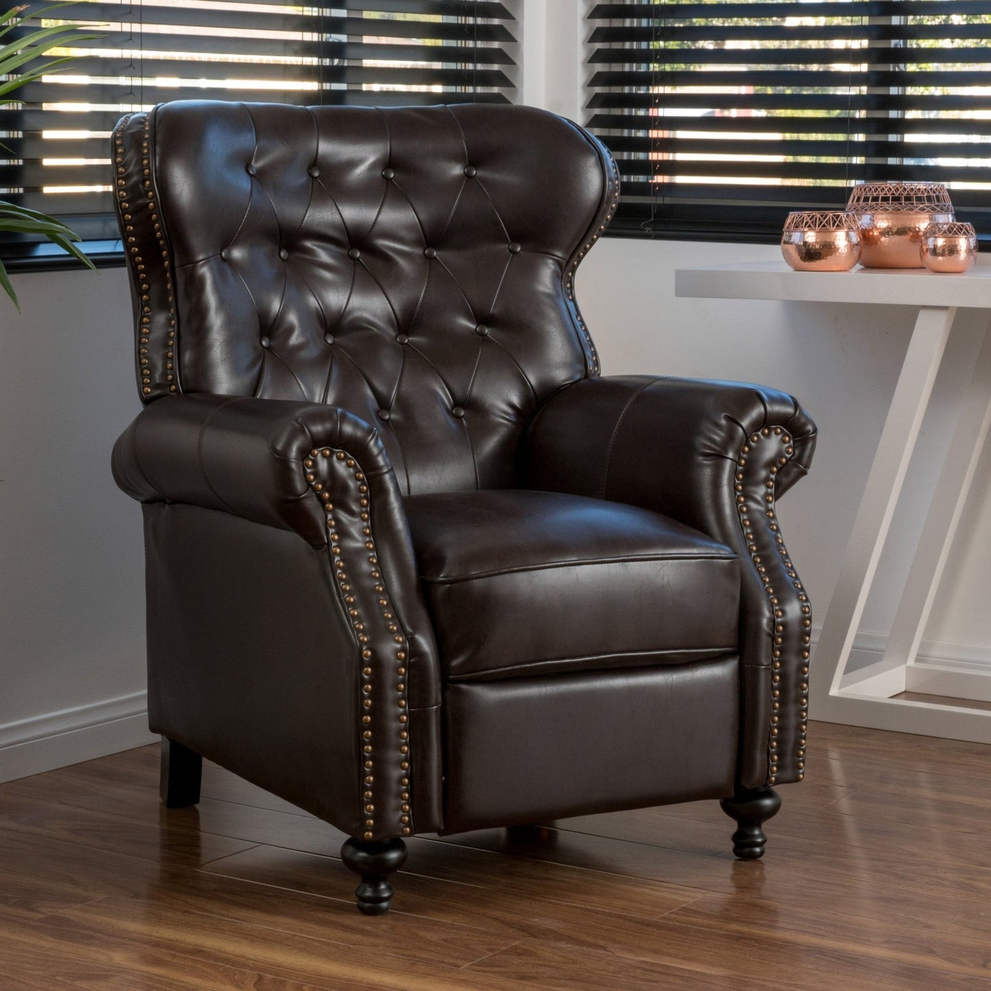 Contemporary Style Push Back Recliner with Button - Tufted Stitching and Nailhead Trim in Dark Brown PU - 1st Choice Furniture Direct