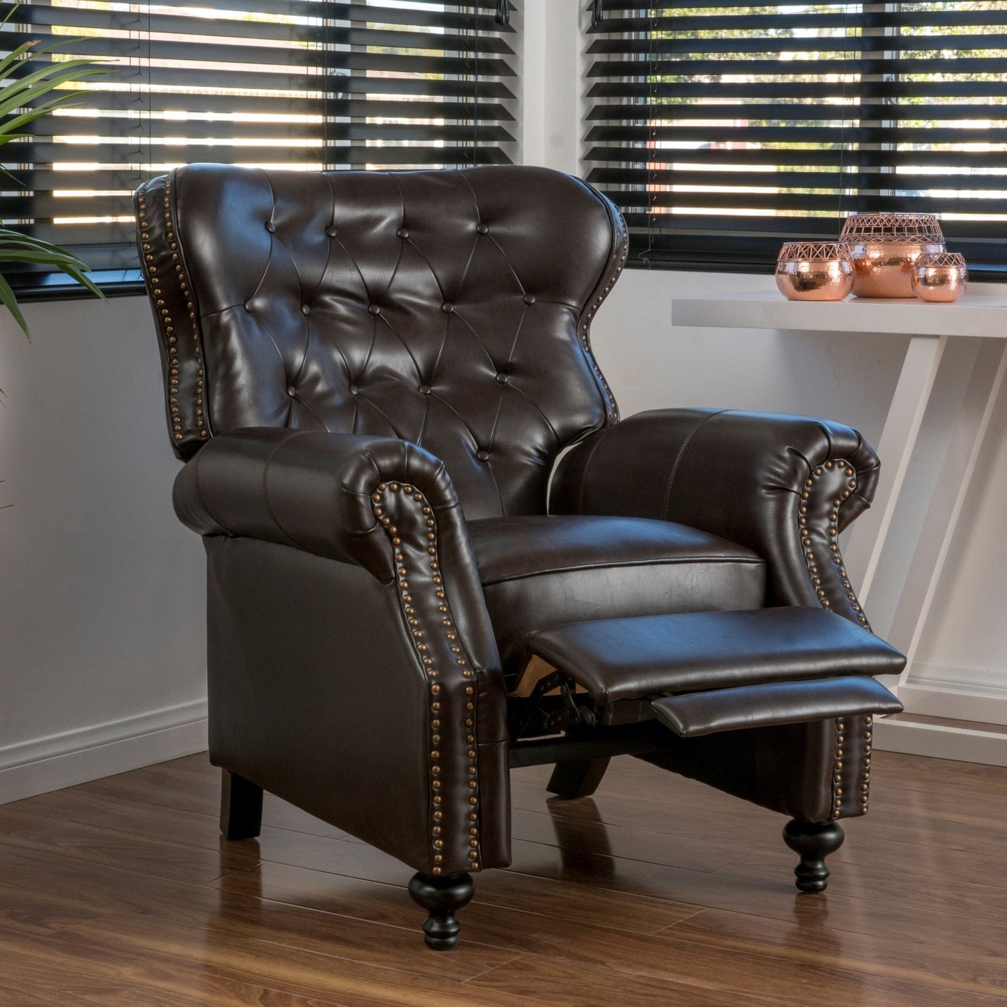 Contemporary Style Push Back Recliner with Button - Tufted Stitching and Nailhead Trim in Dark Brown PU - 1st Choice Furniture Direct