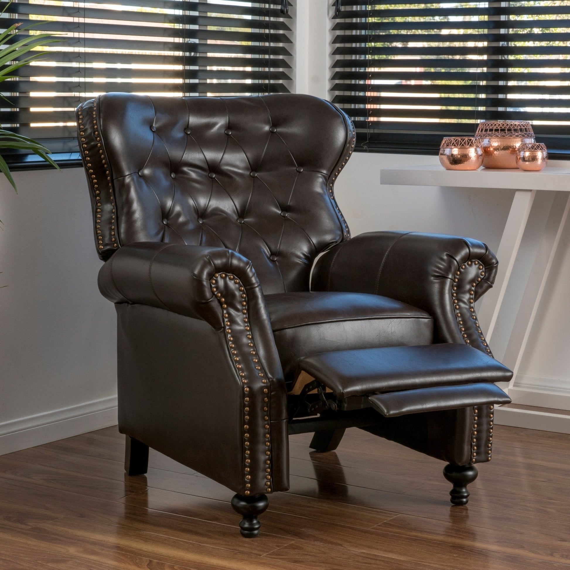 Contemporary Style Push Back Recliner with Button - Tufted Stitching and Nailhead Trim in Dark Brown PU - 1st Choice Furniture Direct