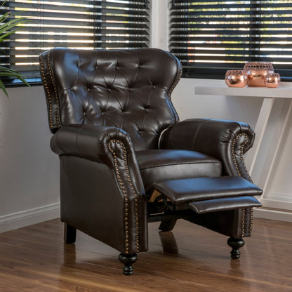 Contemporary Style Push Back Recliner with Button - Tufted Stitching and Nailhead Trim in Dark Brown PU - 1st Choice Furniture Direct