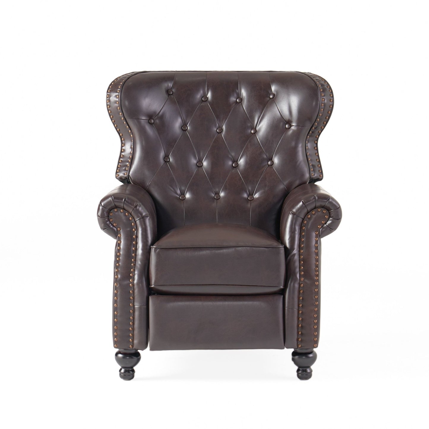 Contemporary Style Push Back Recliner with Button - Tufted Stitching and Nailhead Trim in Dark Brown PU - 1st Choice Furniture Direct