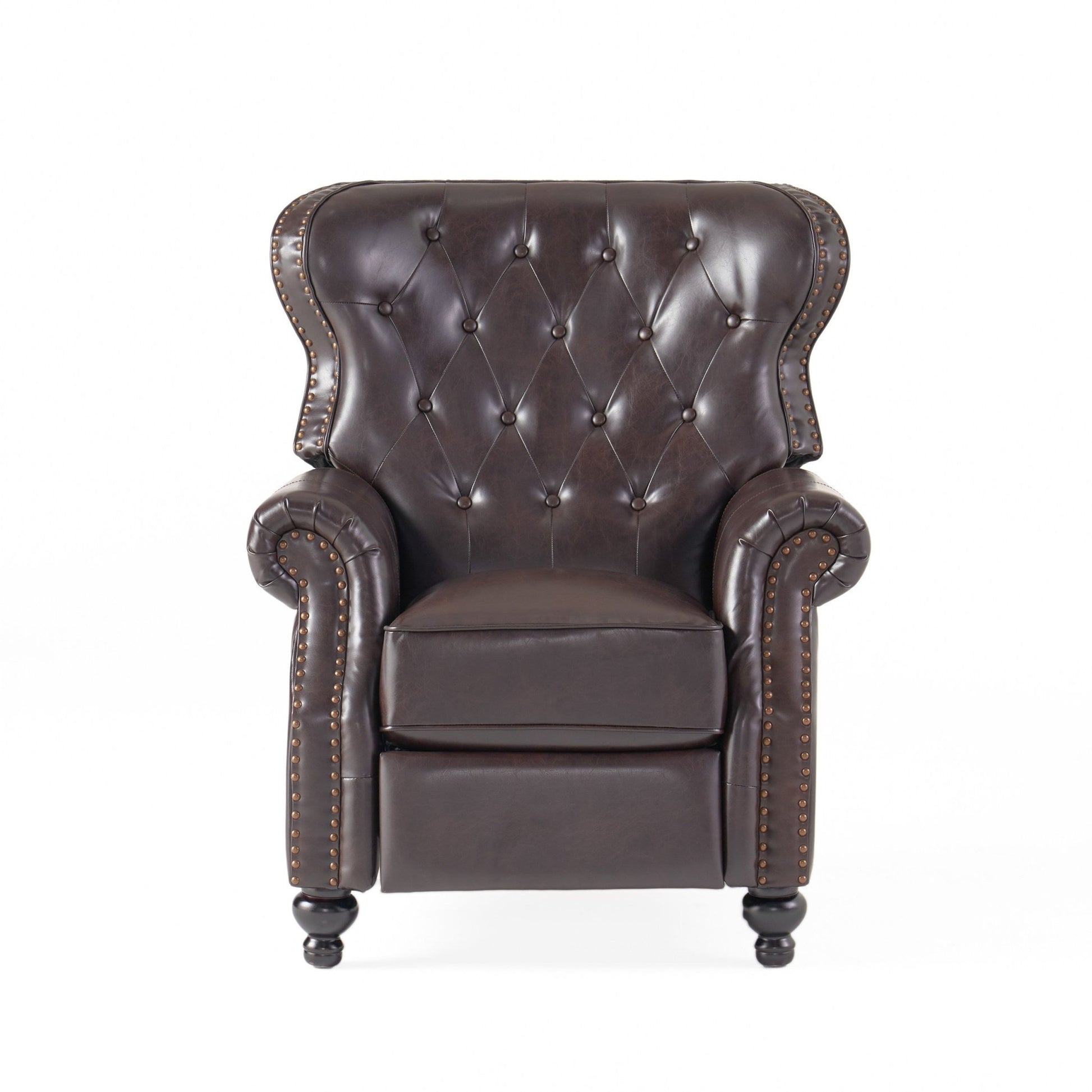 Contemporary Style Push Back Recliner with Button - Tufted Stitching and Nailhead Trim in Dark Brown PU - 1st Choice Furniture Direct
