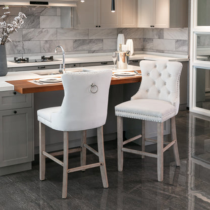 Contemporary Velvet Upholstered Barstools with Button Tufted Decoration and Wooden Legs, and Chrome Nailhead Trim, Leisure Style Bar Chairs,Bar stools, Set of 2 (Beige),SW2002BG - 1st Choice Furniture Direct