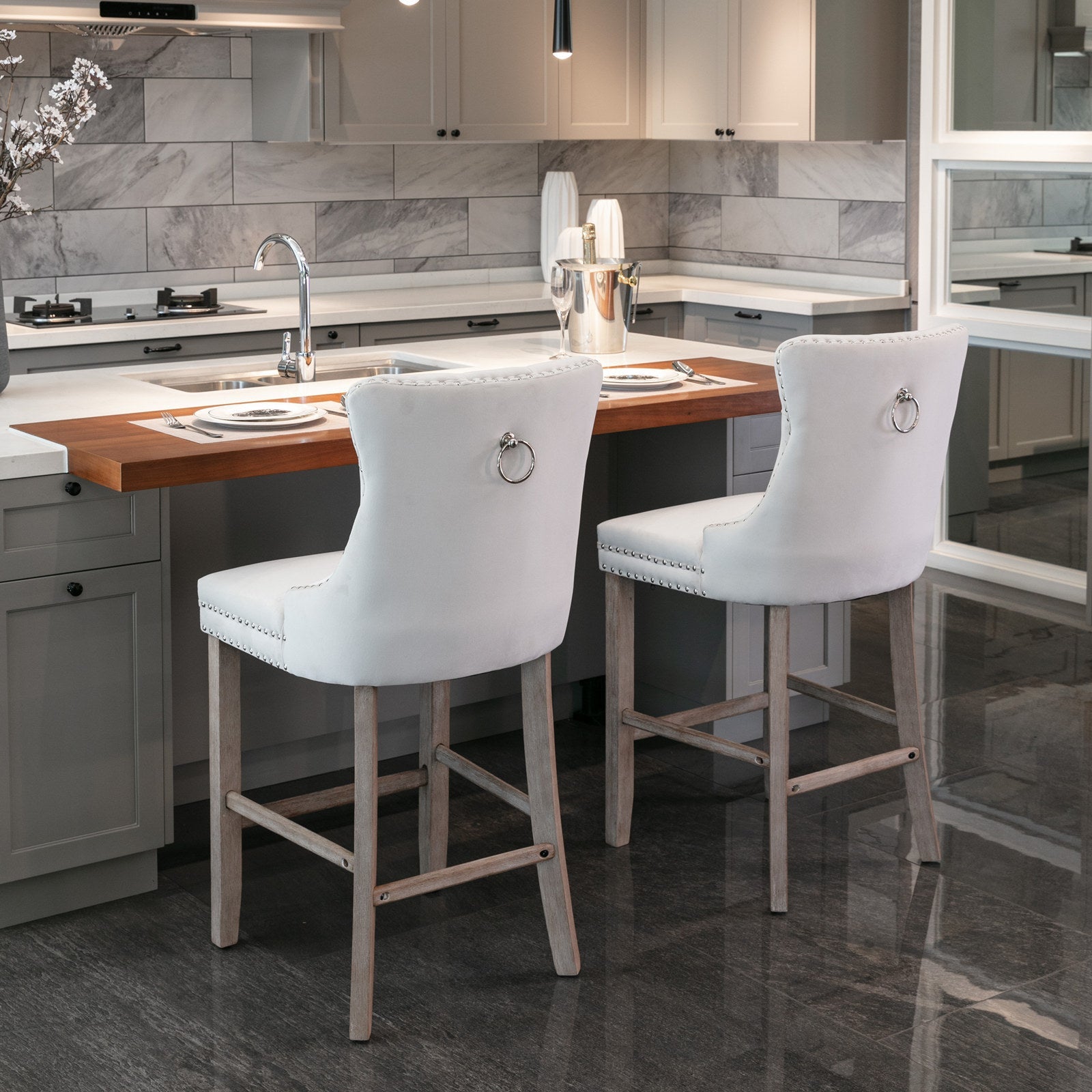Contemporary Velvet Upholstered Barstools with Button Tufted Decoration and Wooden Legs, and Chrome Nailhead Trim, Leisure Style Bar Chairs,Bar stools, Set of 2 (Beige),SW2002BG - 1st Choice Furniture Direct