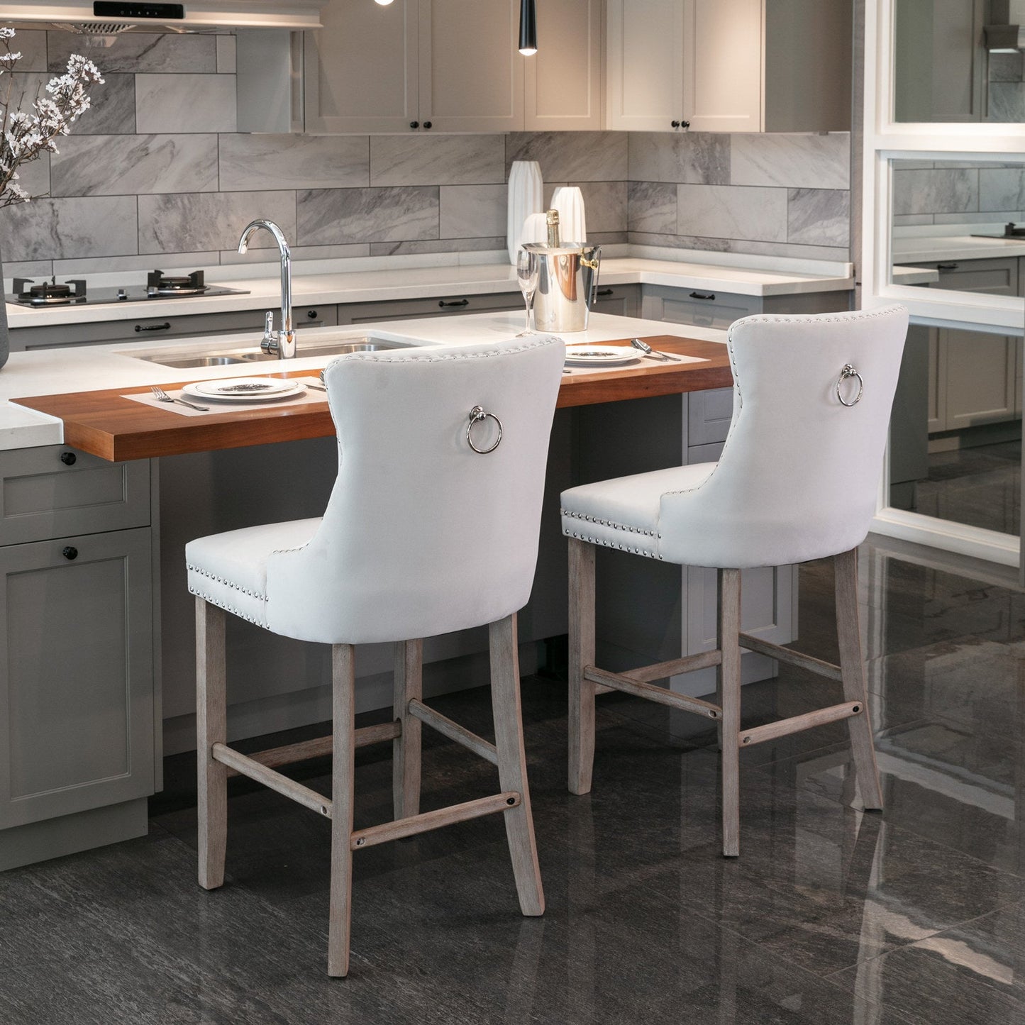 Contemporary Velvet Upholstered Barstools with Button Tufted Decoration and Wooden Legs, and Chrome Nailhead Trim, Leisure Style Bar Chairs,Bar stools, Set of 2 (Beige),SW2002BG - 1st Choice Furniture Direct