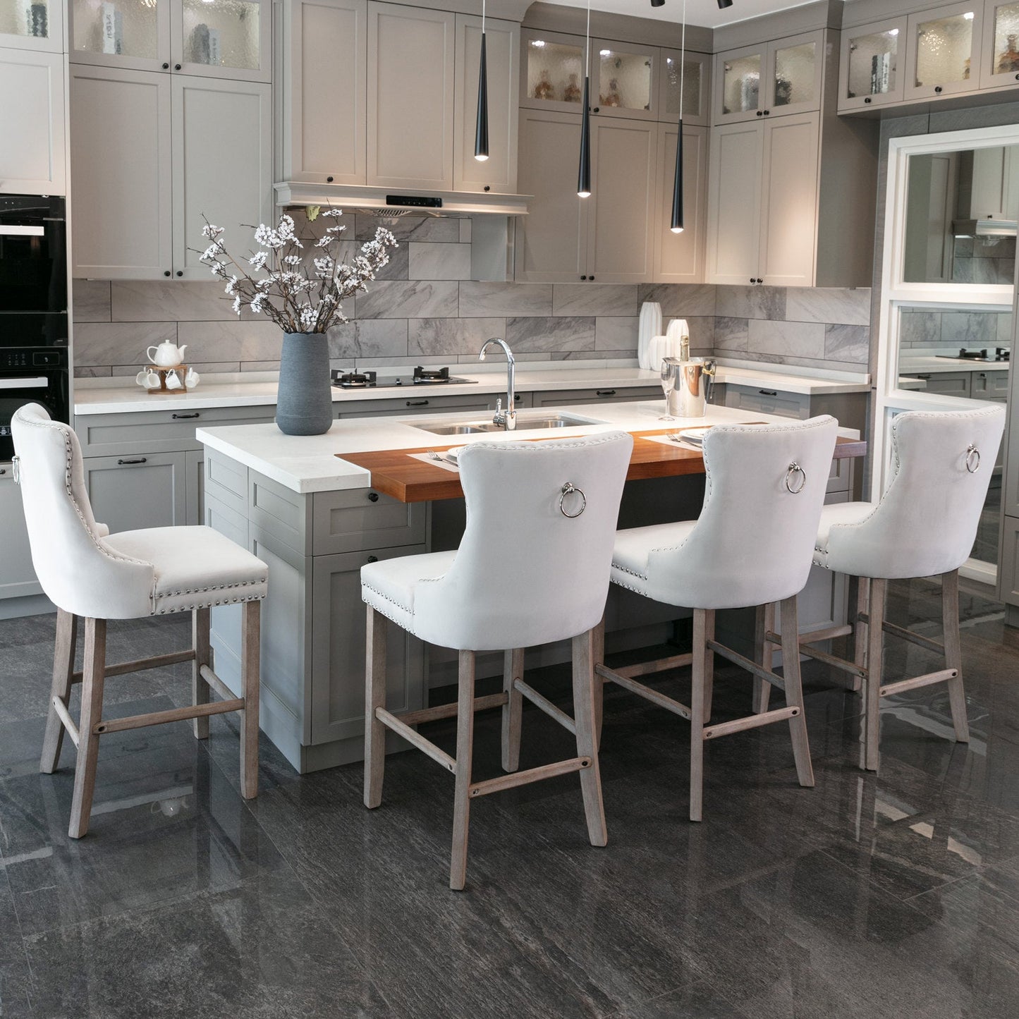 Contemporary Velvet Upholstered Barstools with Button Tufted Decoration and Wooden Legs, and Chrome Nailhead Trim, Leisure Style Bar Chairs,Bar stools, Set of 2 (Beige),SW2002BG - 1st Choice Furniture Direct