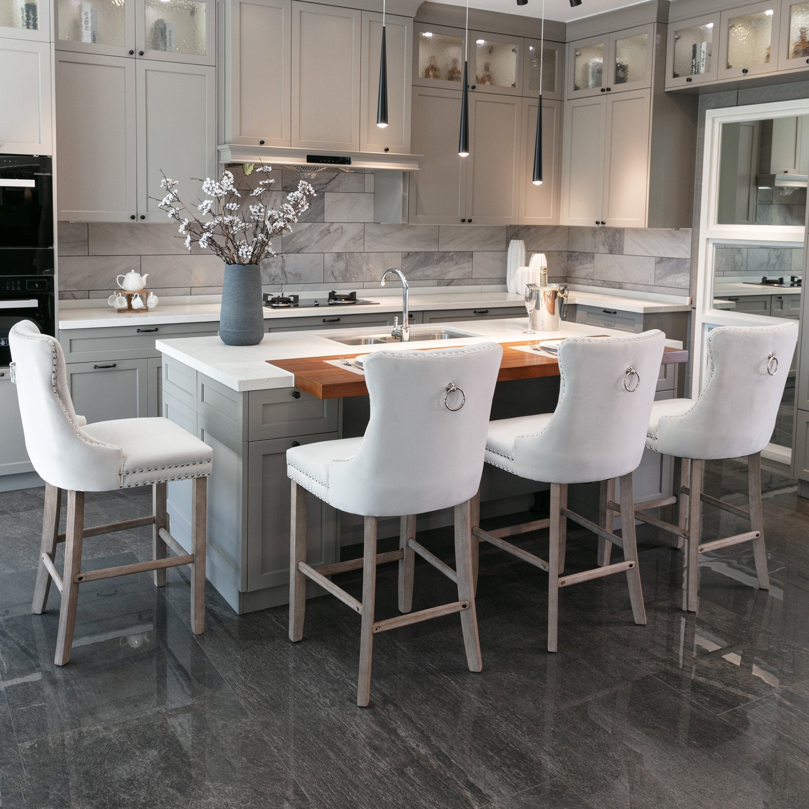 Contemporary Velvet Upholstered Barstools with Button Tufted Decoration and Wooden Legs, and Chrome Nailhead Trim, Leisure Style Bar Chairs,Bar stools, Set of 2 (Beige),SW2002BG - 1st Choice Furniture Direct