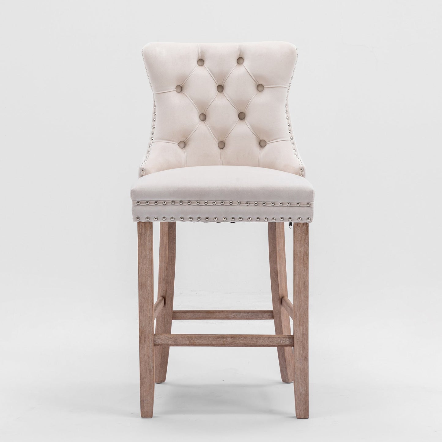 Contemporary Velvet Upholstered Barstools with Button Tufted Decoration and Wooden Legs, and Chrome Nailhead Trim, Leisure Style Bar Chairs,Bar stools, Set of 2 (Beige),SW2002BG - 1st Choice Furniture Direct