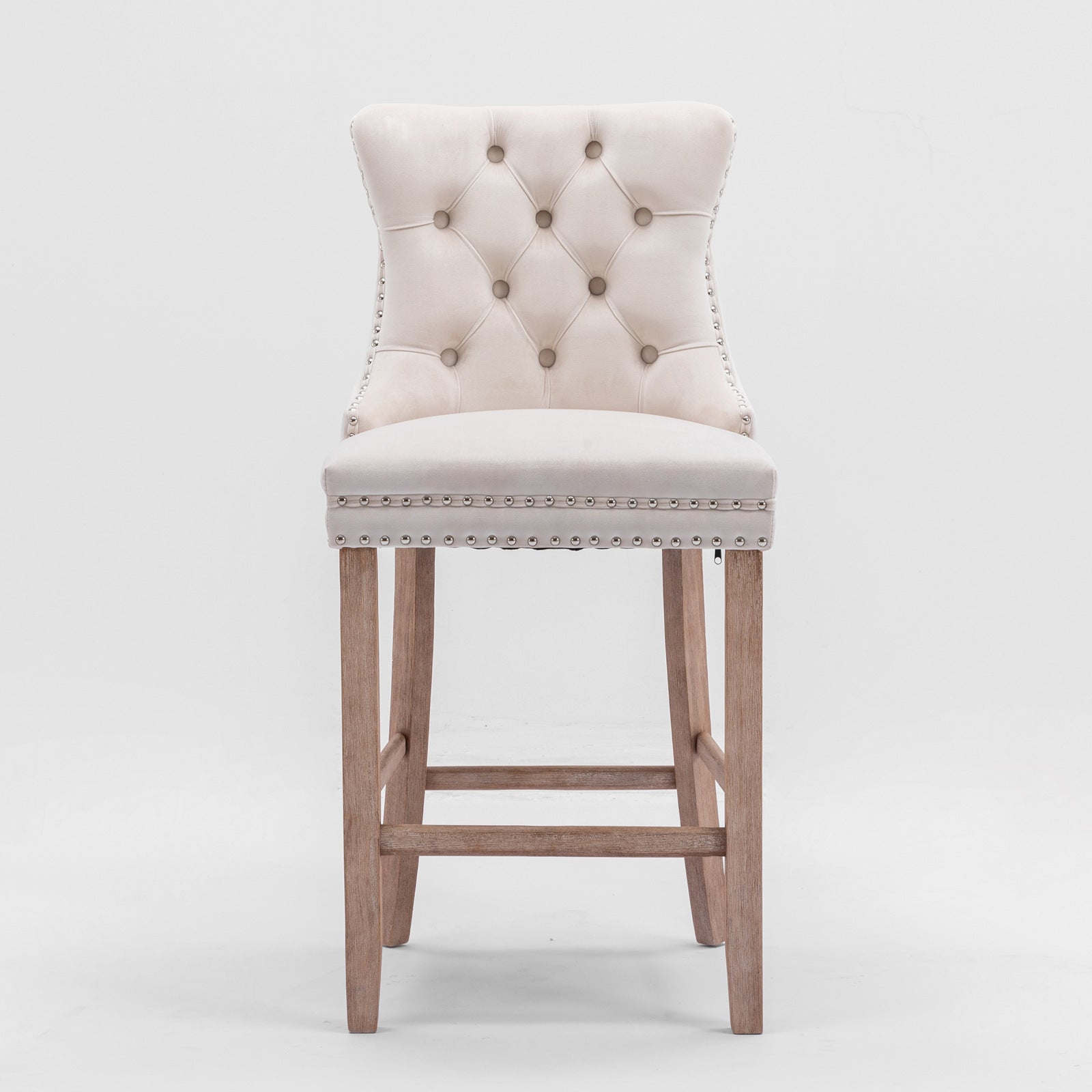 Contemporary Velvet Upholstered Barstools with Button Tufted Decoration and Wooden Legs, and Chrome Nailhead Trim, Leisure Style Bar Chairs,Bar stools, Set of 2 (Beige),SW2002BG - 1st Choice Furniture Direct